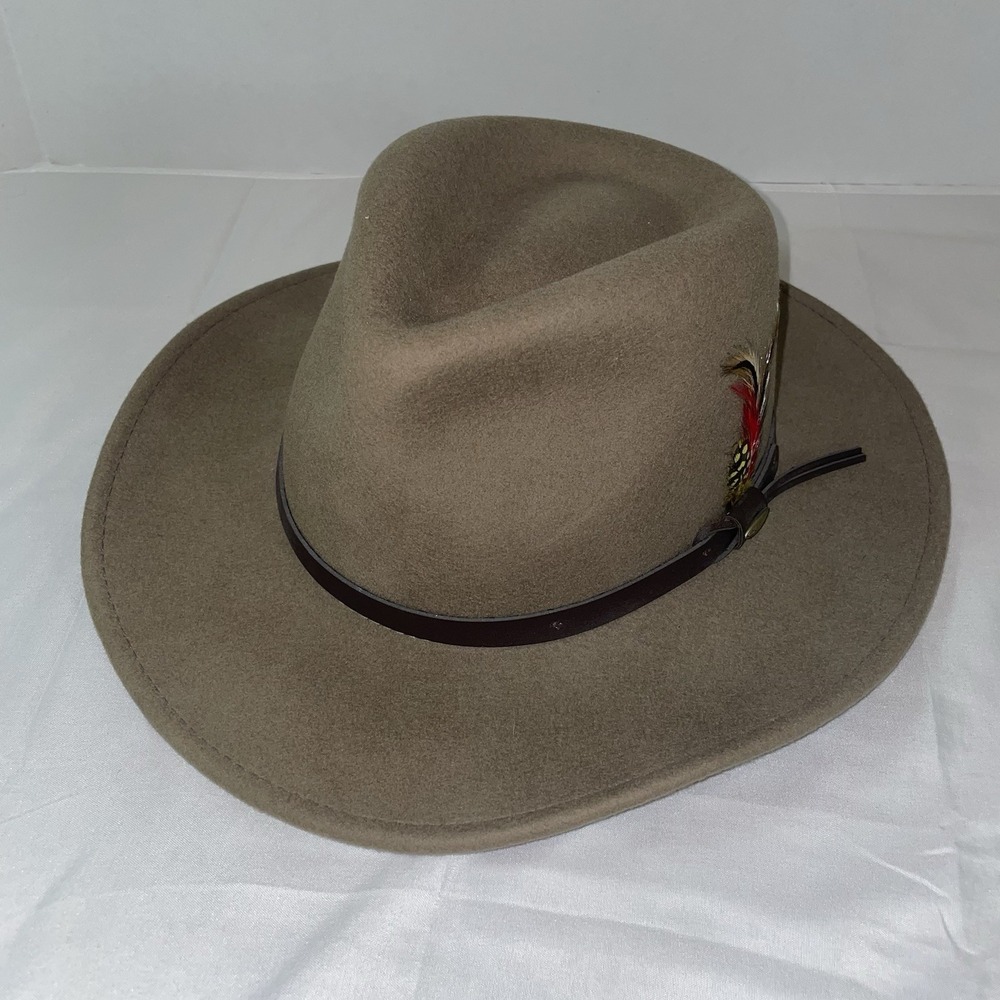 Scala Handmade 100% Wool Outback Fedora Hat Taupe Brown Leather Feather XL